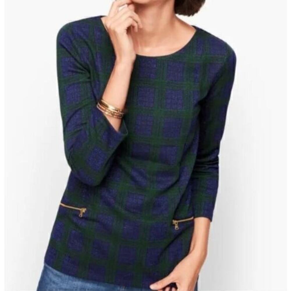 Talbots Women’s Tartan Plaid Blouse Long Sleeve Zipper Details Green Blue sz XL